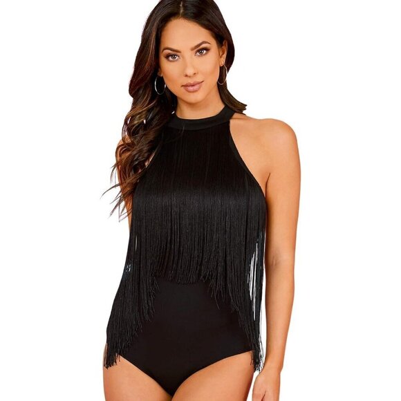 Women's Fringe Trim Rayon 10% Spandex Sleeveless Bodycon Halter Bodysuit - Picture 2 of 6